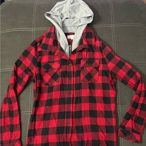 Red and Black Plaid Women's Jacket with Hood